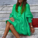 Ingvn - Women Autumn Spring Vintage Mini Cupcake Dress V Neck Long Lantern Sleeve Back With Ruffles Korean Style Elegant Red Dress