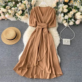Ingvn - Women Summer Midi French Dress Sweet V-Neck Puff Sleeve High Waist Elegant Solid Woman Dresses Female Clothing New Year