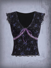 Floral Print Mesh Splicing V-neck Top, Vintage Ruffle Trim Slim Top For Spring & Summer, Women's Clothing For Coquette/Cute/Y2K Style
