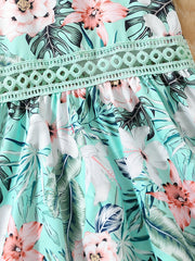 Long Length Girls Floral Print Bohemian Lace Waistline Suspender Dress - Delicate Contrast Lace, Non-Stretch Polyester Fabric, Regular Fit, Perfect for Summer Holiday and Casual Outings