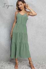 Ingvn - V-Neck Sleeveless Spaghetti Straps Midi Dress