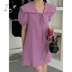 Ingvn - Solid Dress for Women Fashion High Waisted Short Sleeve Sailor Collar Lace Up Mini Dresses 2023 New Spring Summer Dress