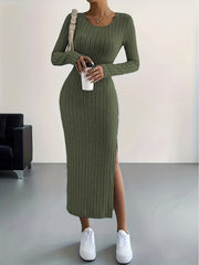Long Sleeve Bodycon Ribbed Knit Dress - Sexy Crew Neck Split Thigh Slim Fit with Mid Elasticity - Machine Washable Polyester Fabric for Fall/Winter Season