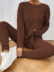 Two-Piece Pants Set - Elegant Solid Color Long Sleeve Crew Neck T-Shirt and Skinny High Waist Pants Outfit for Women - Polyester Knit Fabric, Mid Elasticity, Spring/Fall Season, No Printing, No Sheer