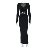 Elegant Flower Hollow Out Midi Dress For Women Black V Neck Long Sleeve Bodycon Sexy Dress Female Skinny Party Dress