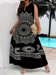 Flawless Mandala Floral Maxi Dress - Chic Notched Neck, Sleeveless Elegance - Fashionable Womens Clothing with Timeless Aesthetics