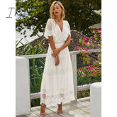 Ingvn - Hollow Out White Dress Sexy Women Long Lace Dress Cross Semi-Sheer Plunge V-Neck Short Sleeve Lace Maxi Dress
