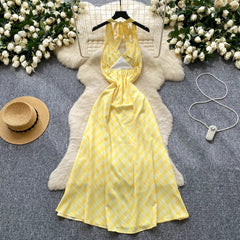 Chic Sexy V-neck Plaid halter Ruched Fairy A-line loose Summer Women Boho Sundress women clothing