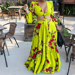 Ingvn - Summer Fashion African Women Long Sleeve V-neck Polyester Printing Yellow Orange Green Two Pieces Sets Top and Long Skirts