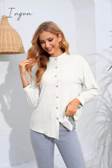 Ingvn - Mock Neck Buttoned Long Sleeve Shirt
