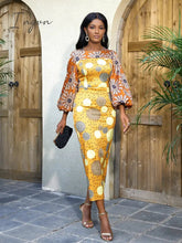 Ingvn - African Women Sun Flower Printed Long Dresses O Neck Lantern Sleeve High Waist Sheath Gowns 4XL for Wedding Guest Church Outfits