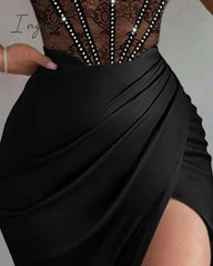 Ingvn - Fashion Women Solid Black Sleeveless Ruched High Slit Contrast Lace Corset Dress Halter Sexy See Through Dress Sexy Robes