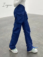 Ingvn - Vintage Y2k Cargo Pants Women Elastic High Waist Big Pockets Baggy Casual Capris Aesthetic Autumn Jogger Sweatpants