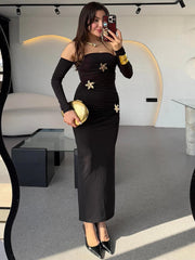 Metal Buckle Strapless Sexy Maxi Dress For Women Off-shoulder Backless Long Sleeve Ruched Bodycon Club Long Dress