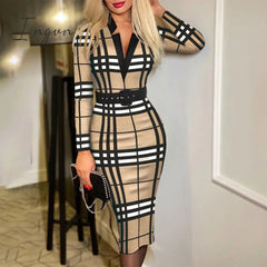 Ingvn - Spring Outfits Trends Office Lady Long Sleeve V-neck Maxi Dress Spring Autumn Vintage Print Slim High Waist Belted Vestidos De Mujer Elegant Dresses
