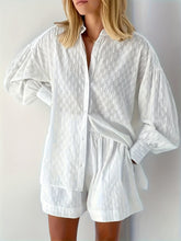 Long Sleeve Button Front Solid Color Elegant Set, Women's Loose Fit Shorts & Shirt