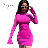 Ingvn - Summer New Sexy Casual Commutes Women's High Collar Long Sleeved Horn Sleeve Elastic Tight Knit Mini Short Dress