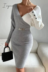 Ingvn - Casual Patchwork Contrast V Neck Long Sleeve Dresses