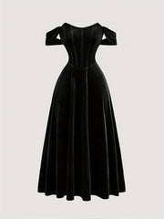 Elegant Off-Shoulder Knit Dress, 95% Polyester 5% Spandex, Solid Color Long Length Fit and Flare Gown with Tie Back Details for All Seasons