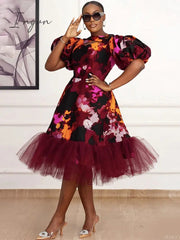 Ingvn - Retro Vintage Printed Swing Dresses Summer Puff Sleeve Cross Neck A Line Flowy Dress Chic Party Wedding Guest Dance Prom Outfits