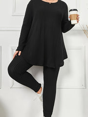 Plus Size Long-Sleeve Cozy Women's Solid Ribbed Lounge Set, Casual Style Homewear Outfit For Fall/Winter