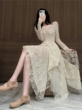 French Elegant Women's Vintage Dress Autumn Winter New Irregular Lace Splicing Evening Long Bridesmaid Party Dress