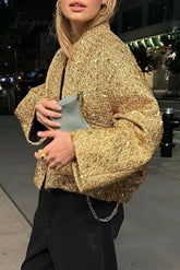 Ingvn - Elegant Solid Sequined Mandarin Collar Outerwear