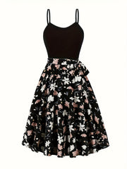 Seasonal Radiance, Elegant Floral Print Dress Set with Open Front Long Sleeve Cardigan & Tie-Waist Spaghetti Suspender Dress - Machine Washable, Polyester - Perfect for Spring/Fall