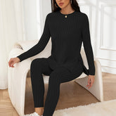 Casual Ribbed Knit Two-piece Set, Split Hem Long Sleeve Top & Slim Pants Outfits, Women's Clothing