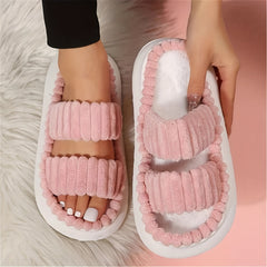 Chic Plush Double-Strap Slippers - Comfy Non-Slip Sole, Open-Toe Design - Stylish Indoor Footwear