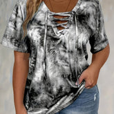 Women'S Plus Size Tie Dye Print Short Sleeve T-Shirt, Casual Loose Fit Tee with Lace-Up Drape Neck, Polyester 95% Spandex 5% Knit Fabric, Medium Stretch, Spring/Summer Pullovers, 175g/m² - Purple