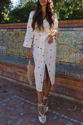 Ingvn - Casual Embroidery Slit V Neck Long Sleeve Dresses