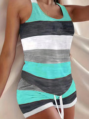 Elastic Comfort: Women's Spring/Summer Striped Two-Piece Set - Casual Sleeveless Tank & Adjustable Shorts, Easy Care & Stylish