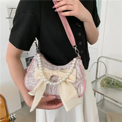 Ingvn - Pearl Female Bag Retro Luxury Designer Handbag Bow Crossbody Bags Fashion Canvas Women's 2024 Trend Shoulder bag Purses
