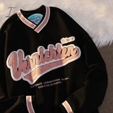 Ingvn - Valentine's Day gift for women Fashion American retro letter embroidery sweatshirt women Harajuku V-neck new plus size hoodies Y2K loose couple long-sleeved shirt