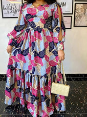 Ingvn - Summer Party Long Maxi Dress Women Long Sleeve Slit Vintage Printed Pleated Bohemian Beach Sundress Casual Vestido