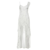 White Sweet Gentle Mature Ruffles Beautiful Summer Street Out Women'S Thin Perspective Tassel Design Long Sling Dress