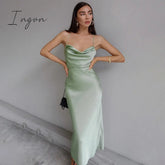 Ingvn - Purple Satin Midi Dress Summer Women Sexy Backless Sleeveless Pile Collar Spaghetti Strap Bandage Dress Woman Party Long Dresses