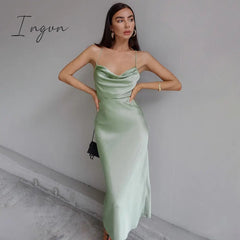 Ingvn - Purple Satin Midi Dress Summer Women Sexy Backless Sleeveless Pile Collar Spaghetti Strap Bandage Dress Woman Party Long Dresses