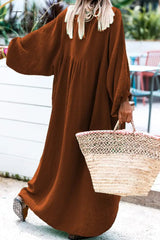 Ingvn - Casual Solid Buckle O Neck Long Sleeve Dresses(3 Colors)