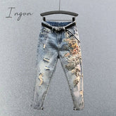 Ingvn - Embroidered High Waist Jeans Women's Summer Heavy Industry Beads Loose Slimming Holes Harem Pants Cropped Baggy Denim Pants