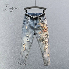 Ingvn - Embroidered High Waist Jeans Women's Summer Heavy Industry Beads Loose Slimming Holes Harem Pants Cropped Baggy Denim Pants