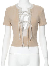 Ingvn Fashion Short Sleeve Bandage T-shirt Woman Clothes O-neck Lace-up Slim Crop Top Streetwear Female Coffee Contrast Color Tee