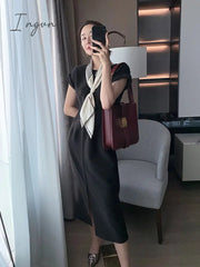 Ingvn - Women Fashion White Short Sleeve Mid-calf Dress