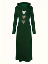 Chic Heart Print Drawstring Hooded Maxi Dress - Women's Casual Long Sleeve Fall & Winter Clothing - Soft, Cozy, and Versatile Fashion for Everyday Wear