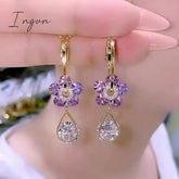New Purple Crystal Flower Dangle Earrings For Women Girls Shining Zircon Love Heart Waterdrop Earring Wedding Luxury Jewelry
