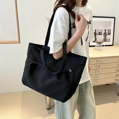 Ingvn Casual Early Autumn Women Nylon Large Capacity Smooth Shoulder Bag Commuter Supple Solid Colour Ruched Outer Pocket Handle Bag