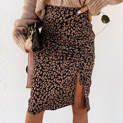 Voguable Midi Skirt Women Leopard Spring Lace Up Slit Bodycon High Waist Drawstring Printed Sexy Skirt Casual Office Female Skirt