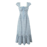 Women Casual Vintage Plaid Dress Elegant Square Neck Short Sleeve A-line Summer Long Dress Vacation Maxi Robe