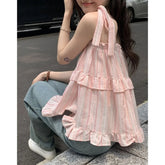 French Style Striped Bow Tank Top Women's Summer Loose Fit Vacation Style Doll Top Fashionable Casual Wear